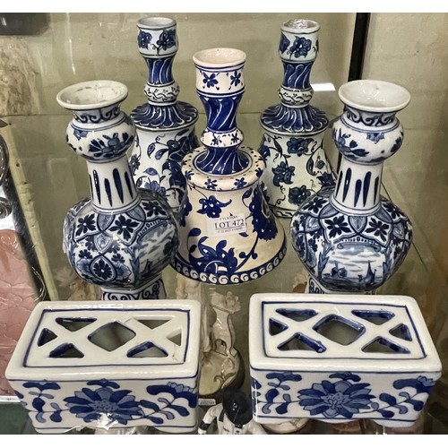 472 - PAIR OF DUTCH DELFT TULIP VASES MARKED TO BASE DELFT DEC513, A PAIR OF BLUE AND WHITE RECTANGULAR PL... 