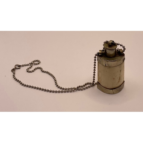 351A - A CHINESE WHITE METAL AND BONE SNUFF BOTTLE, ON AN ENGLISH SILVER CHAIN HALLMARKED 925