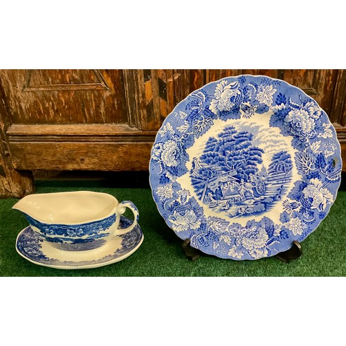 451 - BLUE AND WHITE ENOCH WOODS WARE PLATE DEPICTING ENGLISH FARMING SCENE TOGETHER WITH A BLUE AND WHITE... 