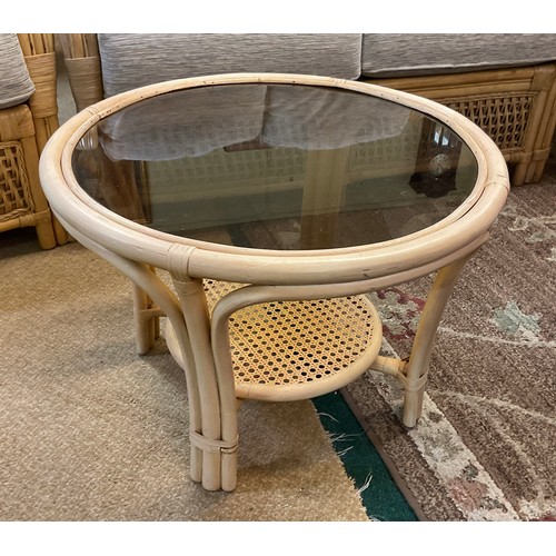 285 - A YELLOW CANE CONSERVATORY SUITE, CONSISTING OF TWO ARMCHAIRS AND A TWO SEATER SOFA, WITH UPHOLSTERE... 