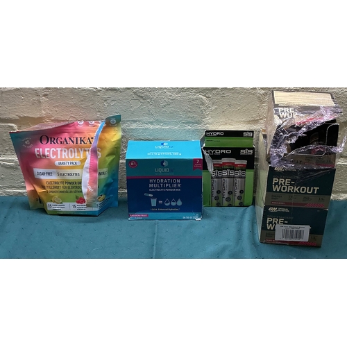 16 - A QTY OF ON OPTIMUM PRE WORKOUT SHOTS TOGETHER WITH VARIOUS HYDRATION MIXERS