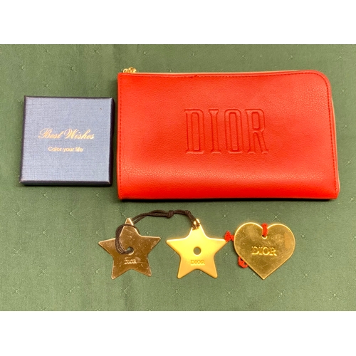 342 - A RED PLEATHER LADIES CLUTCH BAG MARKED “DIOR” TOGETHER WITH 3X METAL CHRISTMAS TREE ORNAMENTS ALSO ... 