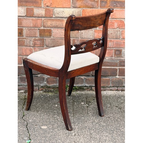 271 - X3 EARLY VICTORIAN MAHOGANY UPHOLSTERED CHAIRS, CARVED BACK SPLATS TO EACH, ALL WITH SABRE LEGS