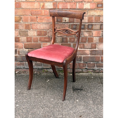 271 - X3 EARLY VICTORIAN MAHOGANY UPHOLSTERED CHAIRS, CARVED BACK SPLATS TO EACH, ALL WITH SABRE LEGS