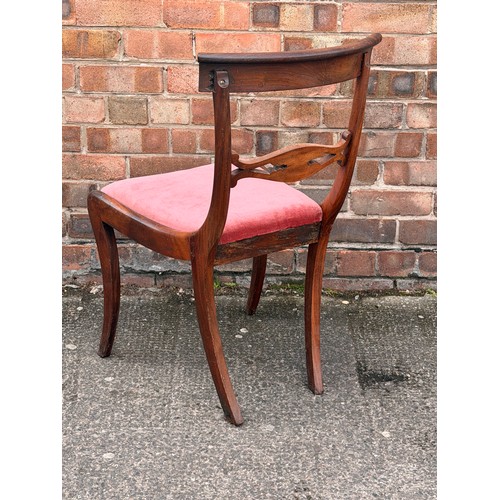 271 - X3 EARLY VICTORIAN MAHOGANY UPHOLSTERED CHAIRS, CARVED BACK SPLATS TO EACH, ALL WITH SABRE LEGS