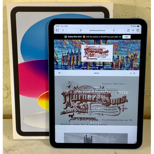 15 - BOXED APPLE IPAD 10TH GEN WIFI 64GB IN BLUE WITH CHARGING CABLE - NOT LINKED TO ACCOUNT S/N: CH2Q7CY... 