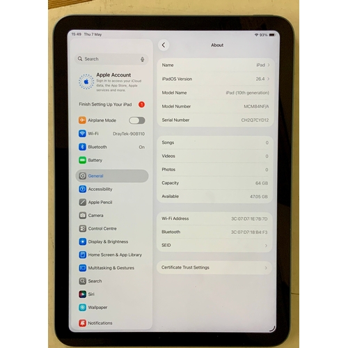 15 - BOXED APPLE IPAD 10TH GEN WIFI 64GB IN BLUE WITH CHARGING CABLE - NOT LINKED TO ACCOUNT S/N: CH2Q7CY... 