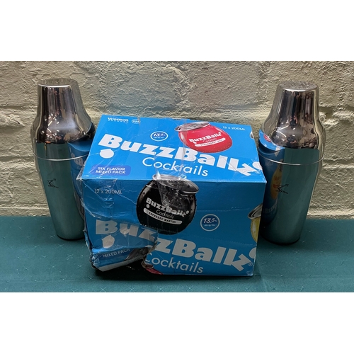 40 - BOXED 12 PACK OF BUZZ BALLS 200ML COCKTAILS VARIOUS FLAVOURS TOGETHER WITH 2 COCKTAIL SHAKERS
