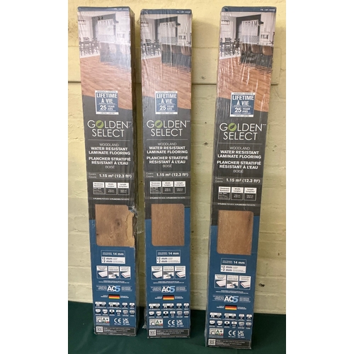 56 - 3 PACKS OF GOLDEN SELECT WATER RESISTANT LAMINATE FLOORING EACH PACK COVERS 1.15 M2 12MM THICK WITH ... 