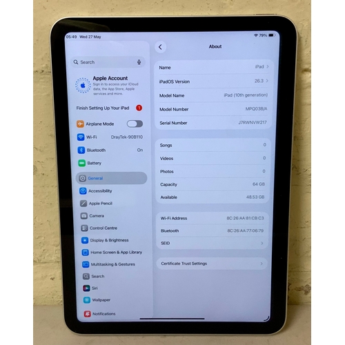 9 - APPLE IPAD 10TH GEN 64GB WIFI IN SLIVER - NOT LINKED TO ACCOUNT S/N: J7RWNVW217