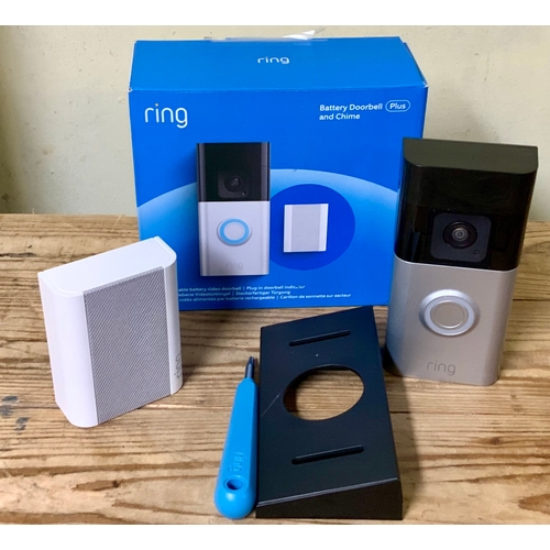 23 - BOXED RING RECHARGABLE BATTERY VIDEO DOORBELL PLUS AND CHIME