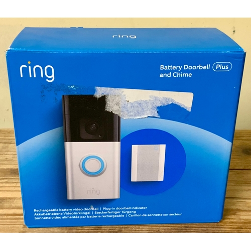 22 - BOXED RING RECHARGABLE BATTERY VIDEO DOORBELL PLUS AND CHIME