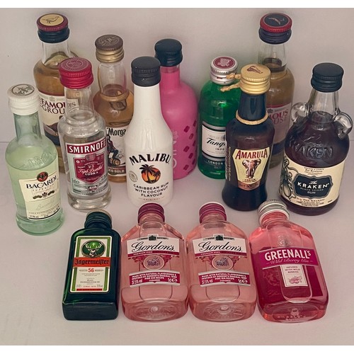 45 - A Collection of 14 Miniature Spirits -incl Whiskies: Famous grouse x2, Captain Morgan & Kraken Rum, ... 