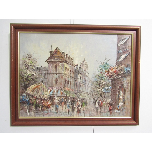 9066 - A c1960's French oil on canvas, Paris street scene. Signed 'Ducump' lower left. Image size 44cm x 59... 