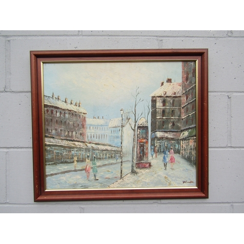 9067 - A c1960's French oil on canvas, Paris street snow scene. Signed 'Divuan' lower right. Image size 44c... 