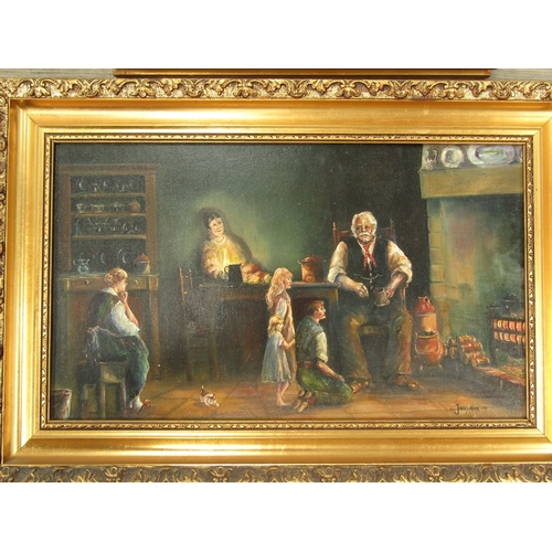 9072 - JAMES ALLEN (b.1952) A framed oil on board, Interior scene, Grandfathers story time. Signed bottom r... 