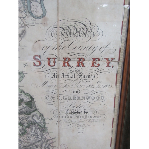 9126 - A large framed 1823 fold out map of the County of Surrey by C.H Greenwood and published by George Pr... 