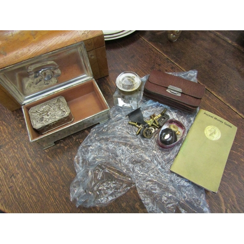 1040 - A mixed lot including boxed pinking shears, barrel top wooden box, cut glass inkwell, assorted pre-d... 