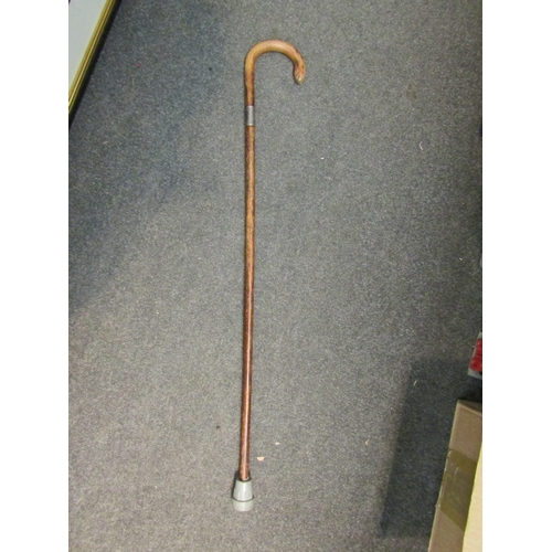 1063 - A box containing a quantity of plated wares and flatware including a silver collared walking stick