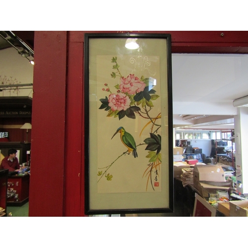 14 - Two Oriental paintings, one on braided silk of a butterfly alighting on flowers, signed down the rig... 