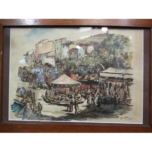 46 - RAMON PUJOL (1907 - 1981): A pair of Spanish watercolours in oak frames with Art Nouveau copper deco... 