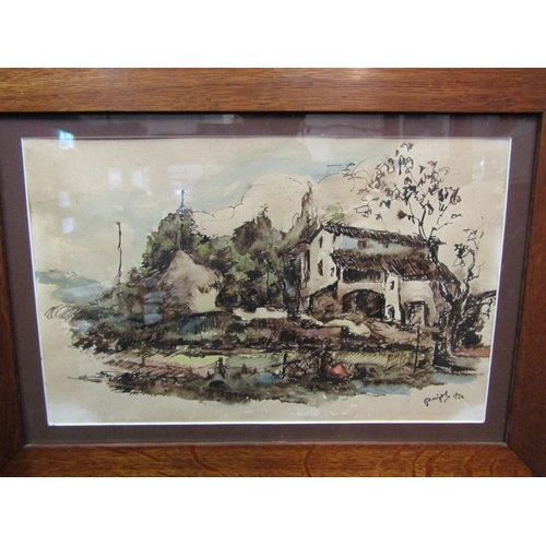 46 - RAMON PUJOL (1907 - 1981): A pair of Spanish watercolours in oak frames with Art Nouveau copper deco... 