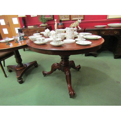 64 - Circa 1860 a mahogany circular top table on a turned column base and scroll foot tripod legs with ce... 