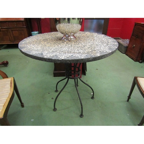 469 - A French style circular top bistro/cafe table the cobbled effect top on a metal base. 76cm tall x 87... 