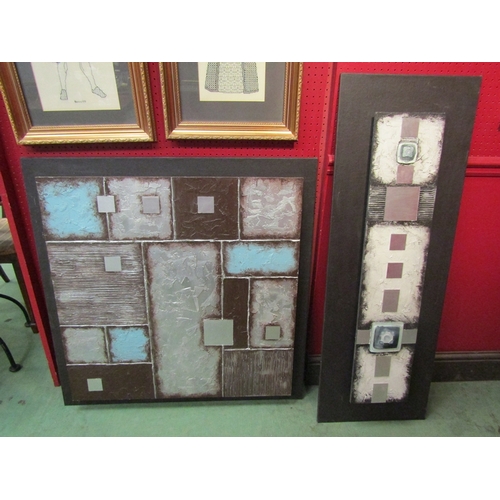 197 - Two square form contemporary wall hangings in wood, signed verso M.R. Briggs, 80cm x 80cm and 94cm x... 