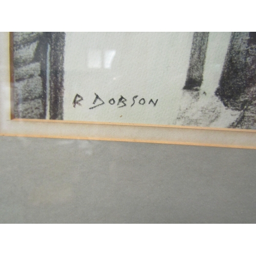 397 - R.DOBSON: Two mixed media paintings depicting river and street scenes and an unsigned oil (3)     (E... 