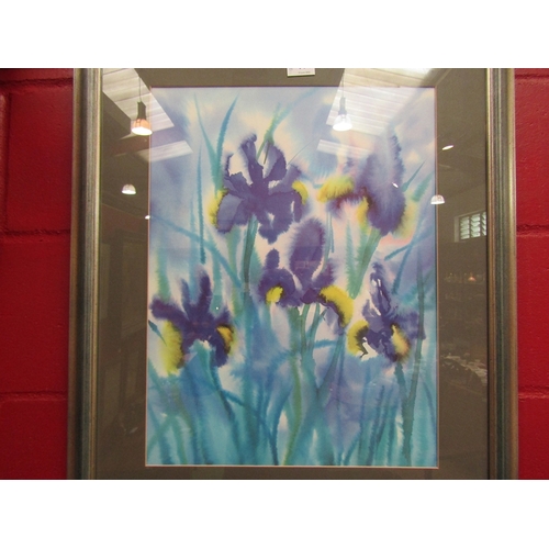 166 - A framed and glazed picture of irises, 52cm x 39cm image size