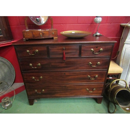 143 - A George III flame mahogany chest of six drawers with brass swan neck handles over bracket feet (top... 