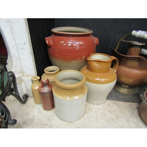 162 - A stoneware egg crock (no lid), a jug, beer bottles and ink bottles