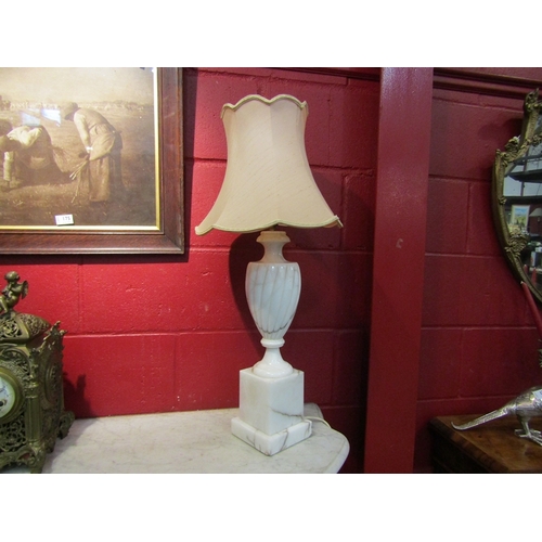 144 - A marble vase form table lamp with twisted stem and shade, a/f, 76cm tall  (R) £30