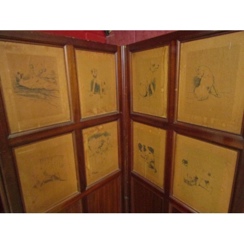 20 - A mahogany three fold modesty screen with twenty four panels of Cecil Aldin prints depicting cats an... 