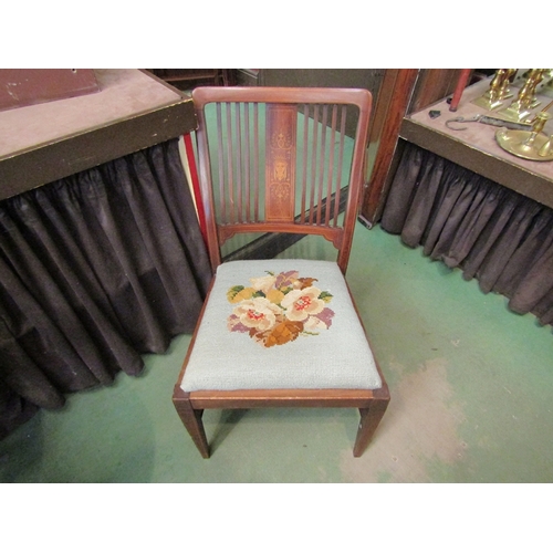 217 - An Edwardian line inlaid needlepoint upholstered seated nursing chair on stretcher base      (E) £8-... 