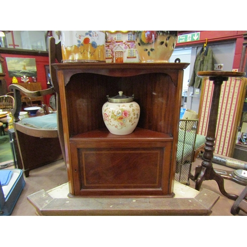 235 - An Edwardian mahogany wall hanging corner cabinet, alcove over single door, satinwood inlay, 56cm ta... 