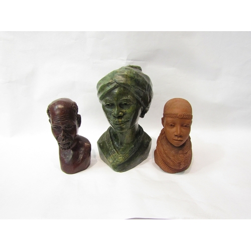 282 - Three African busts in terracotta (Namibia), wood and green marble (Zimbabwe), tallest 21cm