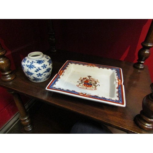 445 - Three Chinese ceramic items, a butterfly design plate a/f, a dish with armorial crest & a blue and w... 