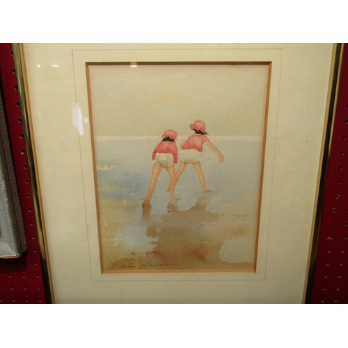 34 - JOHN LAWRENCE: Two watercolors of children on a beach, Newgate gallery sticker to reverse, framed an... 