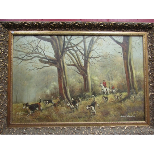 128 - ROBERT MEADOWS: A pair of oil on canvas pictures depicting horse and hound hunting scenes. Gilt fram... 