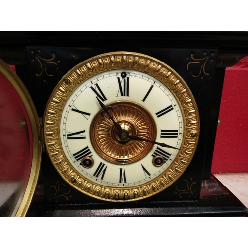 159 - A late 19th/early 20th Century black Belgian marble mantel clock with lion mask detail