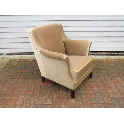 182 - A 1940's Danish armchair with low back, stained hardwood legs, original beige velor upholstery 81cm ... 