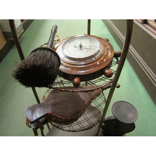 198 - Kitchen items including brass three tier stand, scales, scoop and bellows