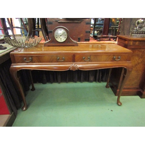 214 - A burr walnut serving table with two drawers on cabriole legs to pad feet, 77cm x 136cm x 49cm