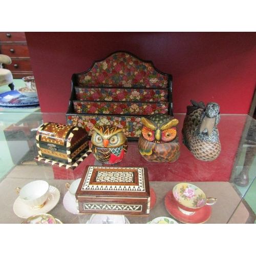 250 - A decorative letter rack, owls, duck and trinket boxes (6)