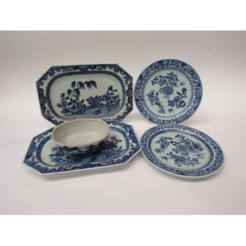 278 - Two Chinese blue and white long octagonal export dishes together with a dish and two side plates, so... 