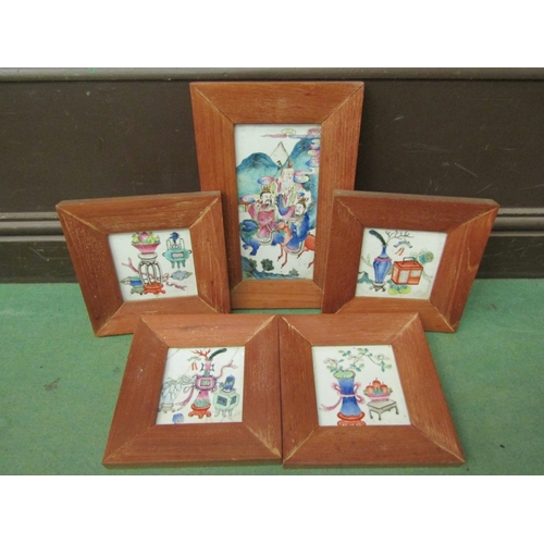 279 - Five Chinese tiles in wooden frames, one a/f