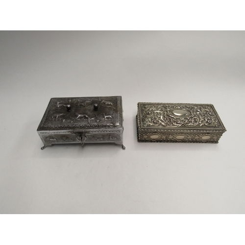 339 - Three early 20th Century boxes- a pewter example with two turquoise coloured cabochons and two silve... 