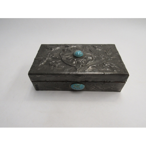 339 - Three early 20th Century boxes- a pewter example with two turquoise coloured cabochons and two silve... 